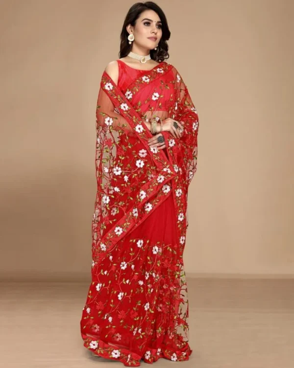 Women Embroidered Net Saree