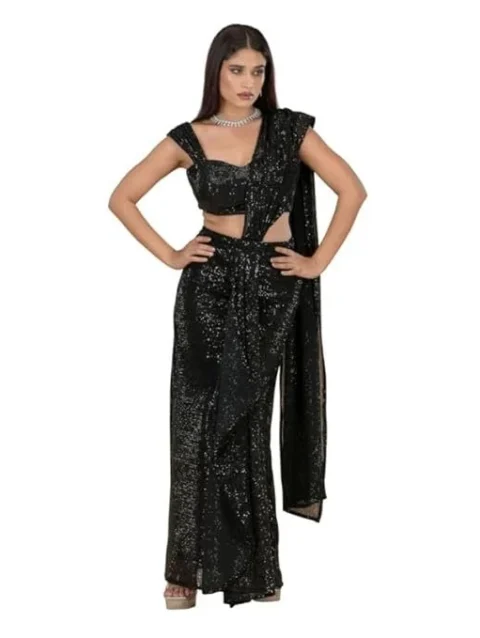 Black Starlet Glamour Ready-to-Wear Sequinned Draped Saree and Blouse Set for Women Girls | Fashion Wear for Party | Wedding Saree | Ethnic Wear | Festivewear