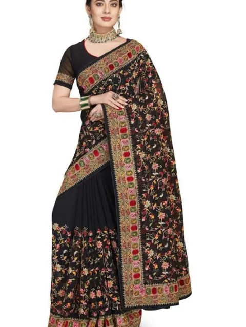 Black Kashmiri Resham Heavy Embroidered Border Work Georgette Saree Sari with Heavy Work UnStitch Blouse Piece For Women & Girls