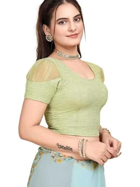 Short Sleeve with Organza Patch Sleeve Readymade Saree Blouse for Women Stylish (CH1095