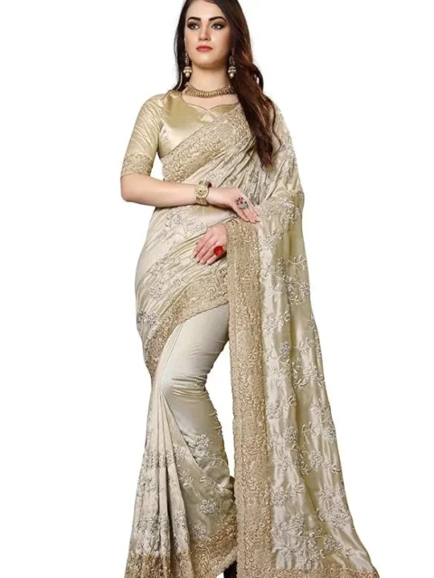 Beige Mayo Silk Zari Resham Stone Embroidery Work Saree with Blouse Piece
