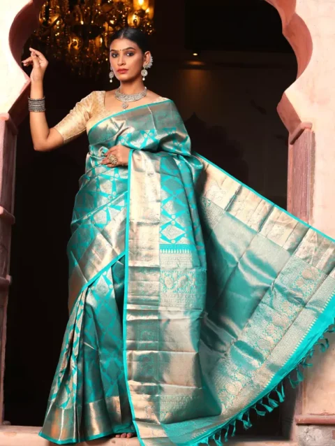 Aqua Zari Pure Mulberry Silk Kanjivaram Saree