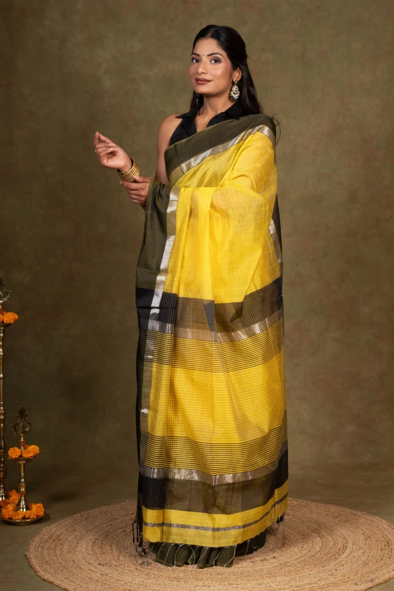 Yellow Symphony Maheshwari Silk Saree - Image 4