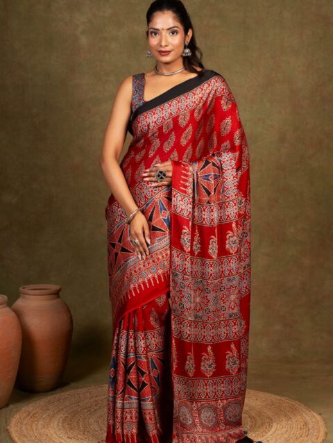 Red Flora Rombii Ajrakh Modal Silk Saree
