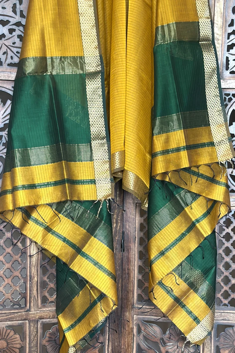 Mustard Green Unstitched Cotton Silk Maheshwari Suit (3 Pcs) - Image 5