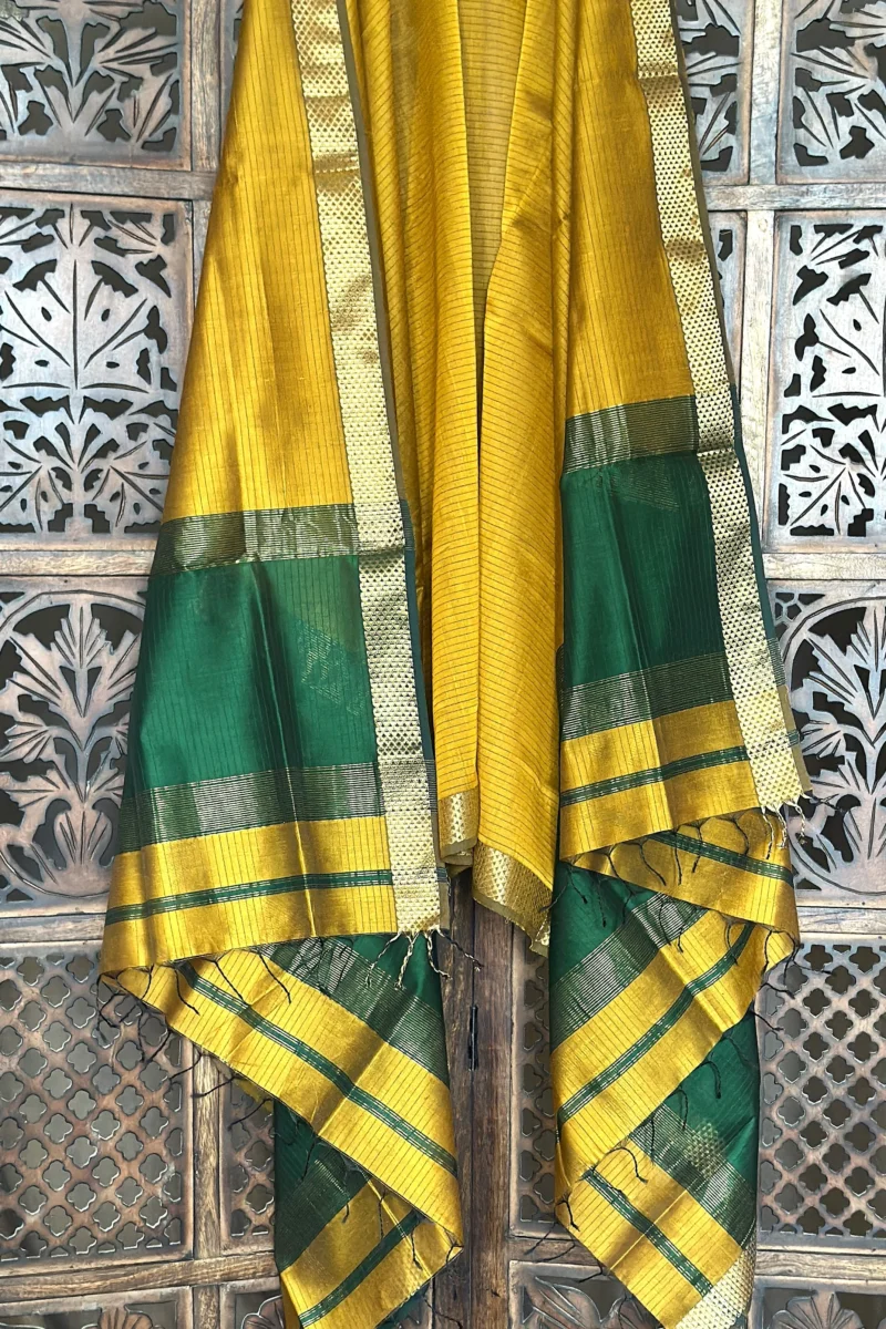 Mustard Green Unstitched Cotton Silk Maheshwari Suit (3 Pcs) - Image 4