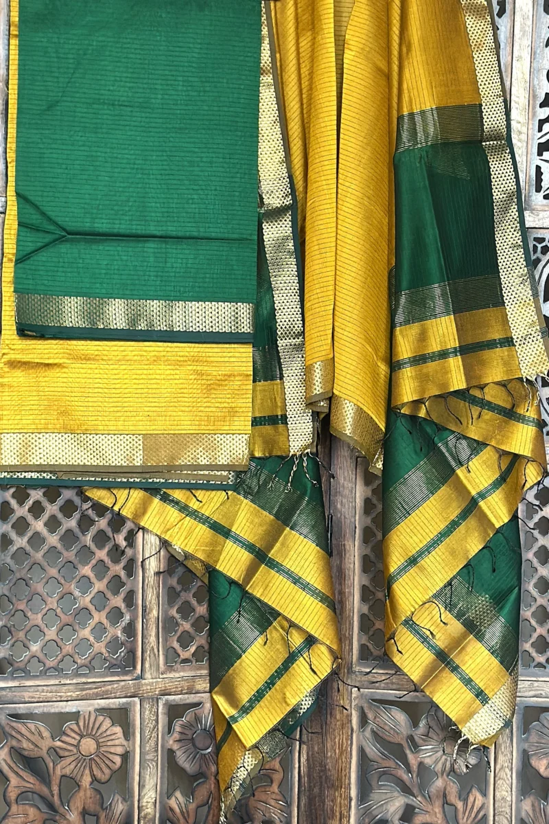 Mustard Green Unstitched Cotton Silk Maheshwari Suit (3 Pcs) - Image 3