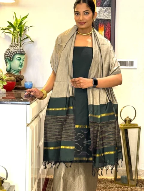 Pine Dune Unstitched Cotton Silk Ikat Suit (3 Pcs)