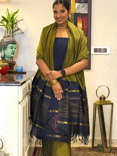 Green Garnet Unstitched Cotton Silk Ikat Suit (3 Pcs)