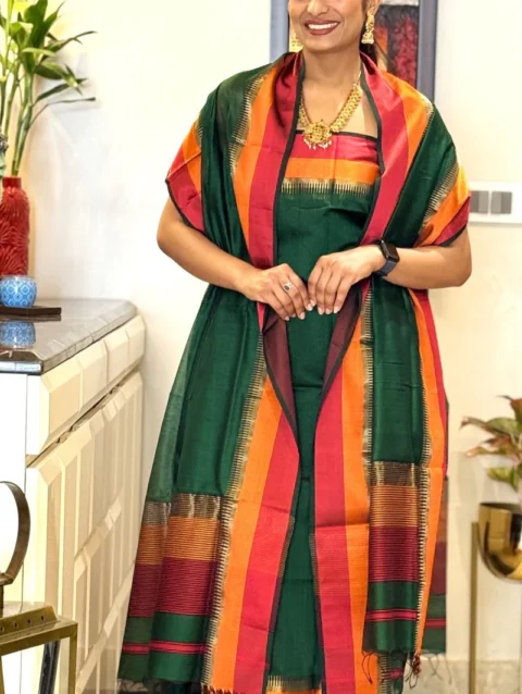 Green Dorang Resham Border Unstitched Cotton Silk Maheshwari Suit (2 Pcs)
