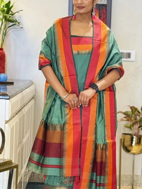 Pastel Green Resham Border Unstitched Cotton Silk Maheshwari Suit (2 Pcs)