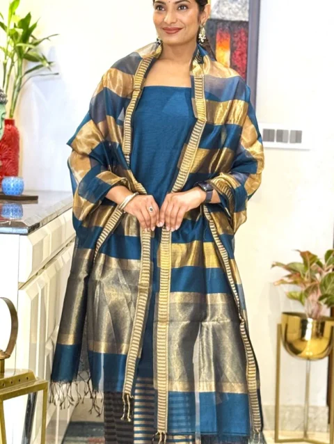 Firozi Tissue Fusion Unstitched Cotton Silk Maheshwari Suit (2 Piece)