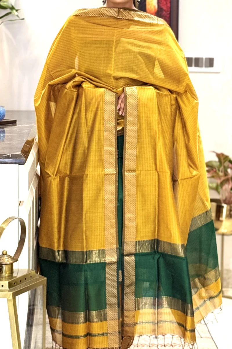 Mustard Green Unstitched Cotton Silk Maheshwari Suit (3 Pcs) - Image 2