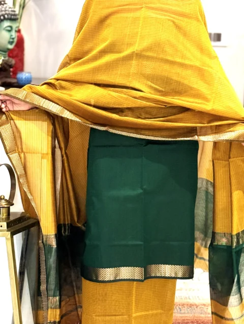 Mustard Green Unstitched Cotton Silk Maheshwari Suit (3 Pcs)