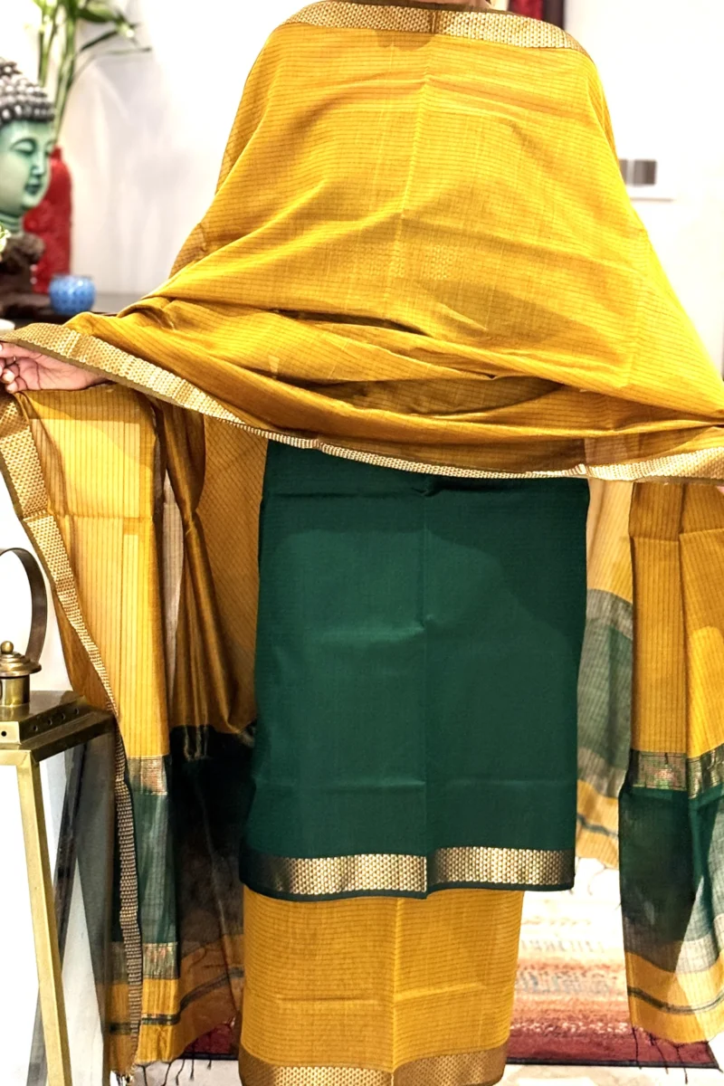 Mustard Green Unstitched Cotton Silk Maheshwari Suit (3 Pcs)